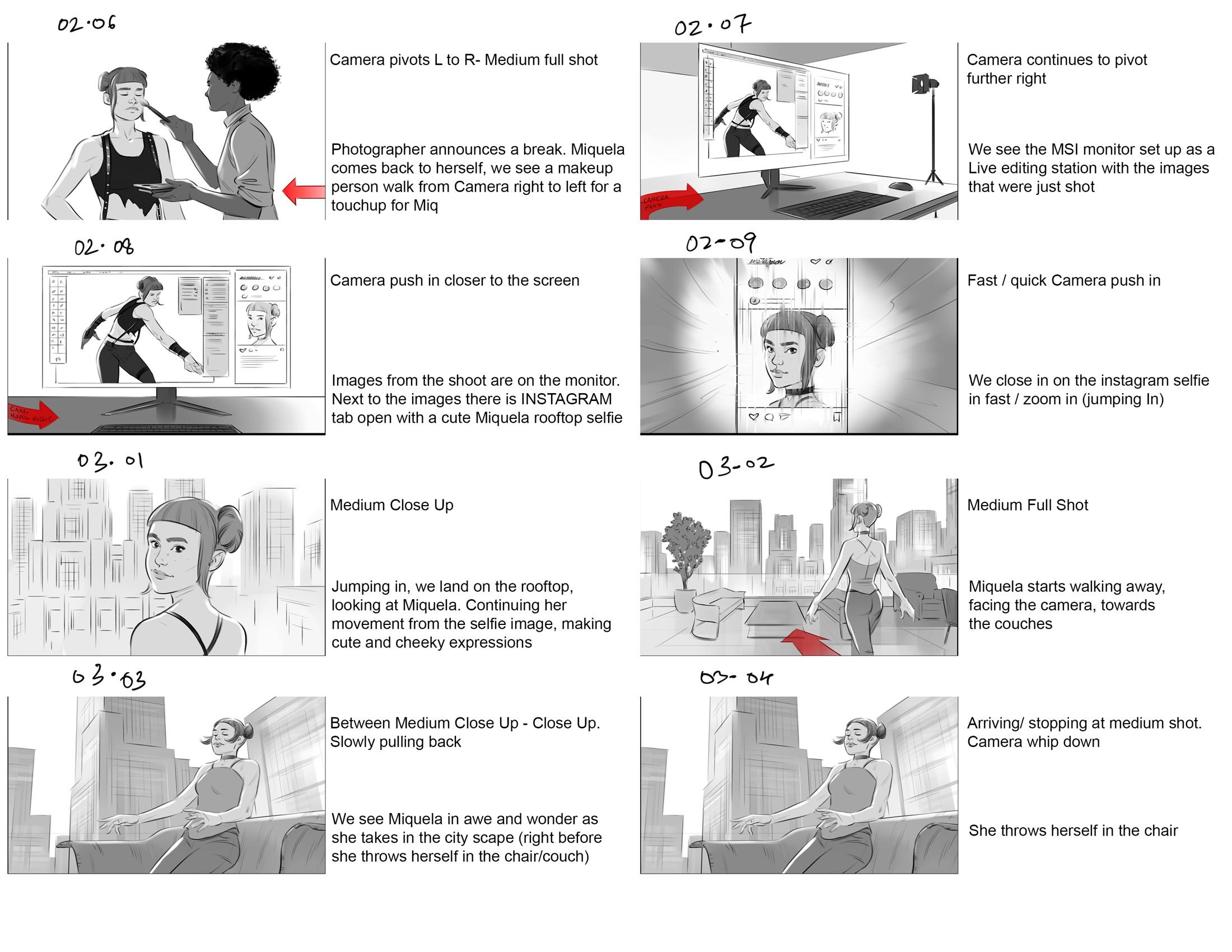 MSI storyboard, page 3: photographer break, live editing station, jump into the rooftop selfie