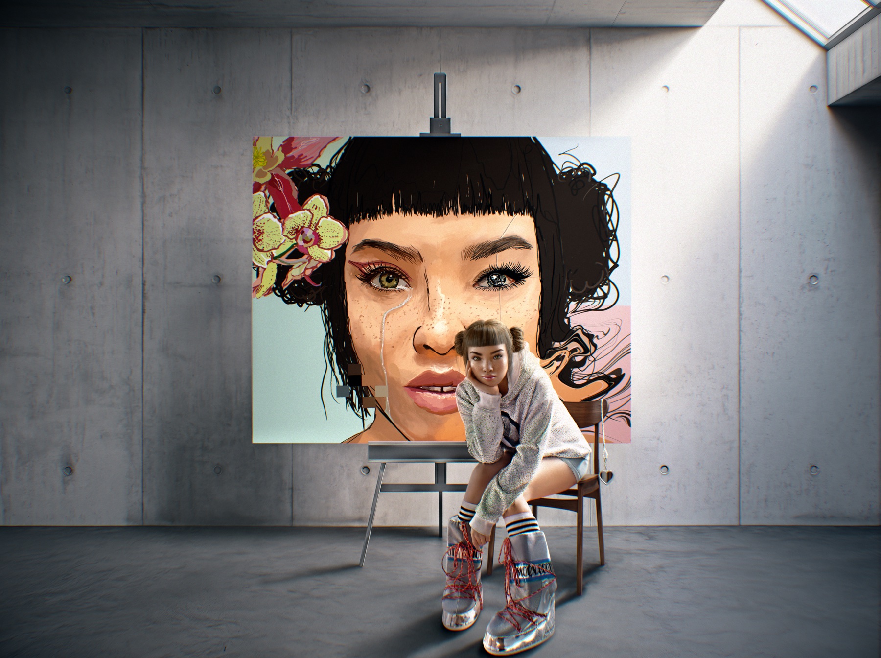 Prototype single artwork: Miquela seated in front of Mya Salau's canvas portrait